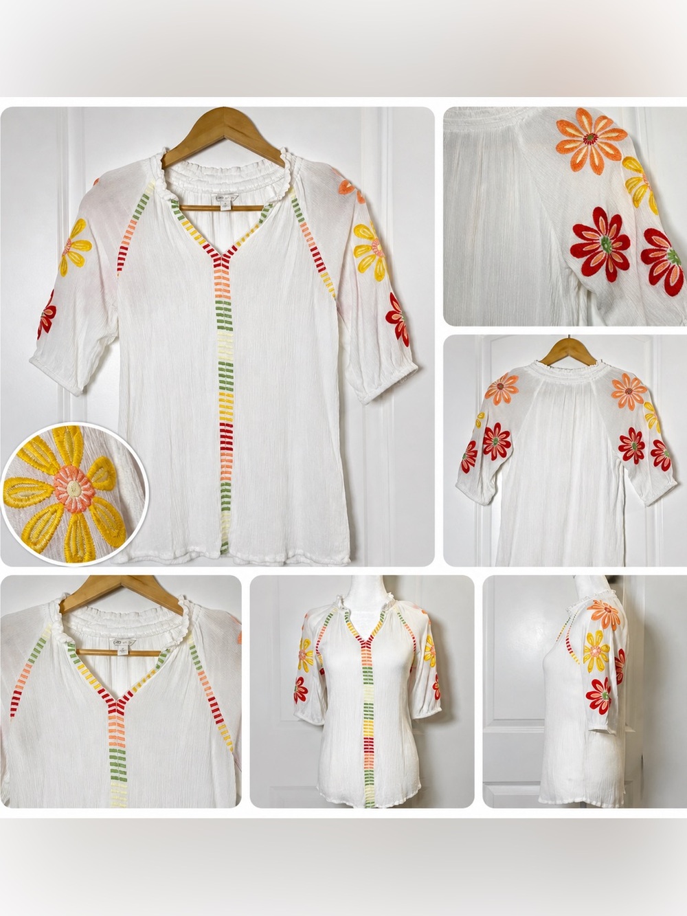 CATO Embroidered Boho Blouse White Floral Multicolor Lightweight Top Size S